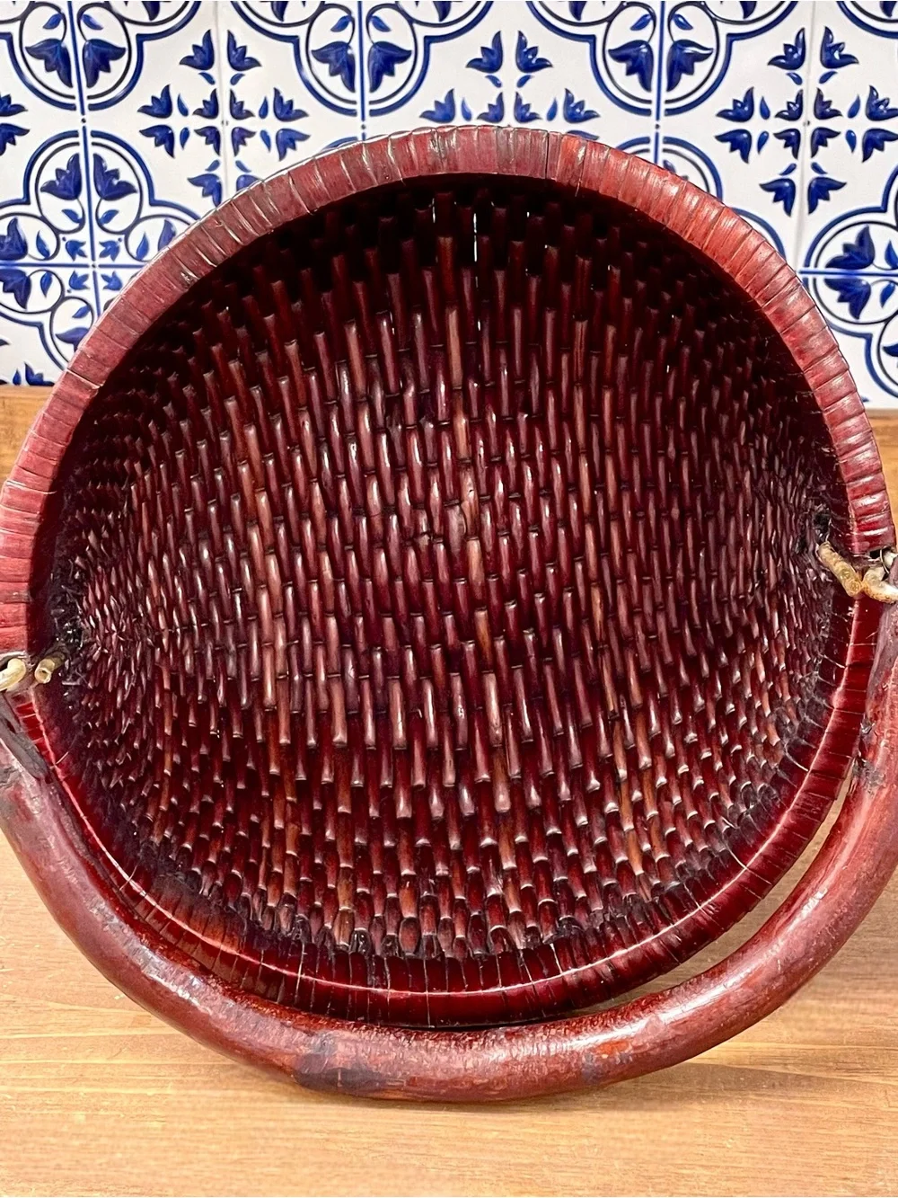 Vintage Chinese Lacquered Woven Harvest Basket Wooden Handle Asian Rustic Decor